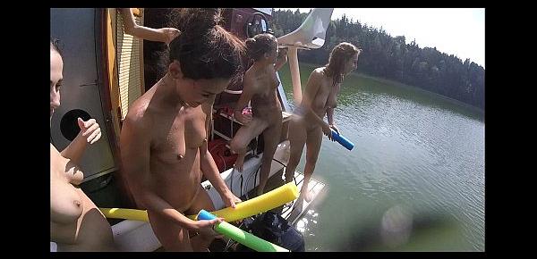  5 teen girls a GoPro and a boat house
